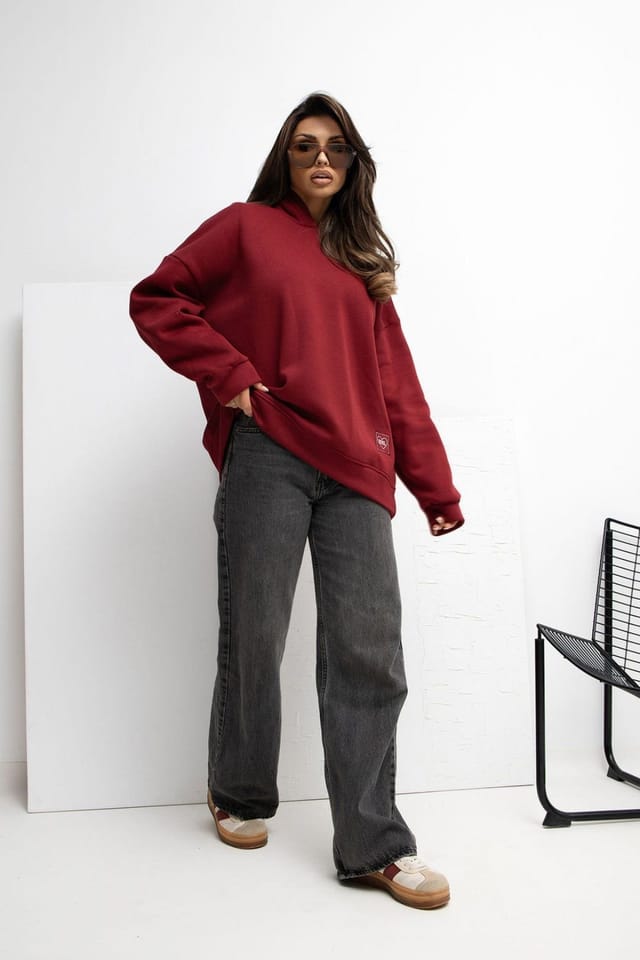 Love Lace Love Lace Women's Loose Hooded Pullover Top with Soft Stretch in Burgundy - 2