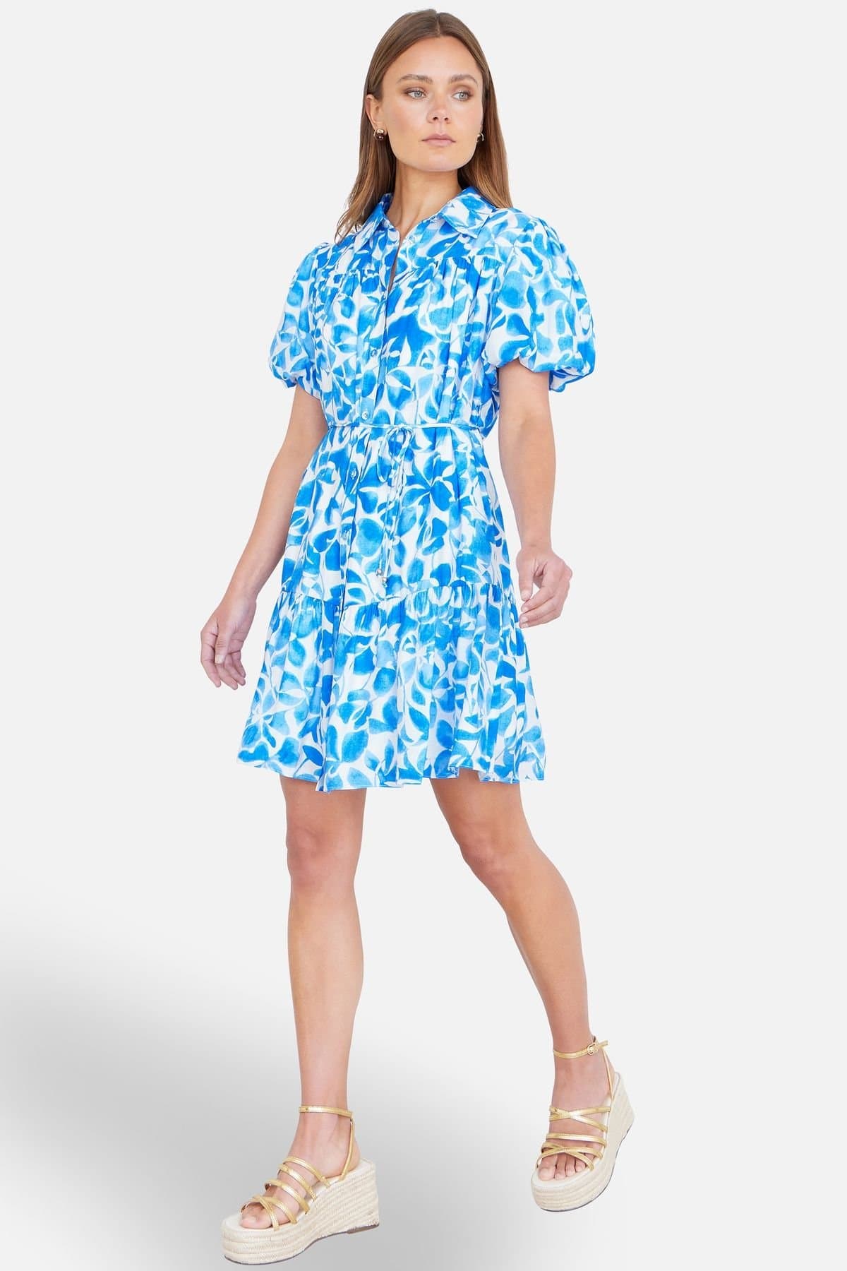 Yumi Yumi Women's Floral Print Viscose Relaxed Shirt Dress in Bright Blue