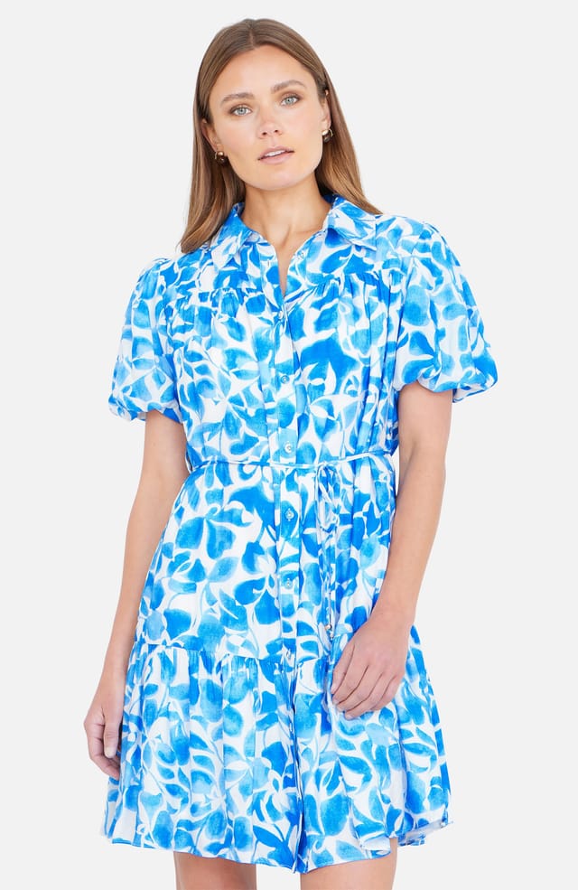 Yumi Yumi Women's Floral Print Viscose Relaxed Shirt Dress in Bright Blue - 2