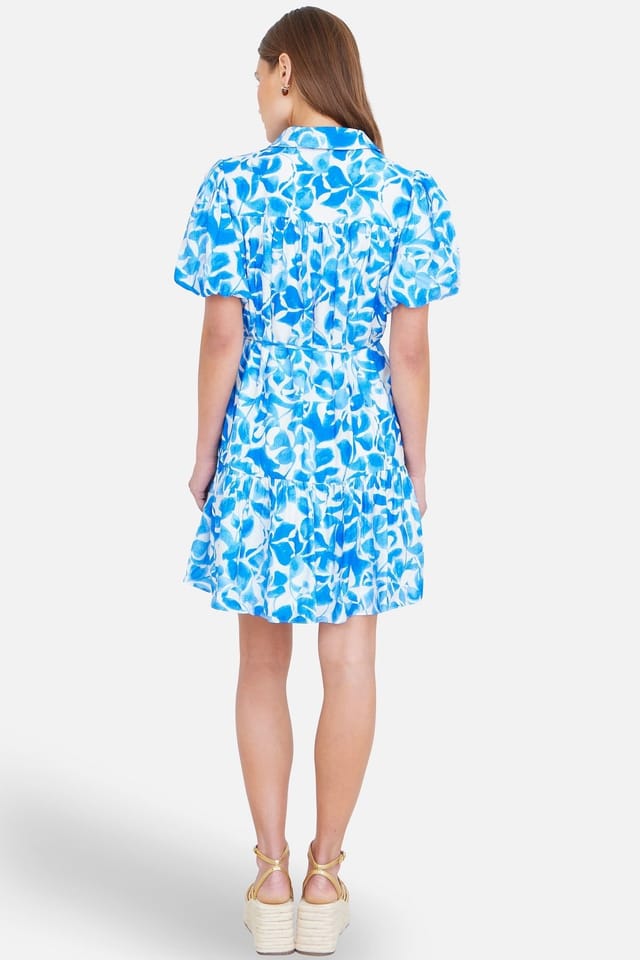 Yumi Yumi Women's Floral Print Viscose Relaxed Shirt Dress in Bright Blue - 3