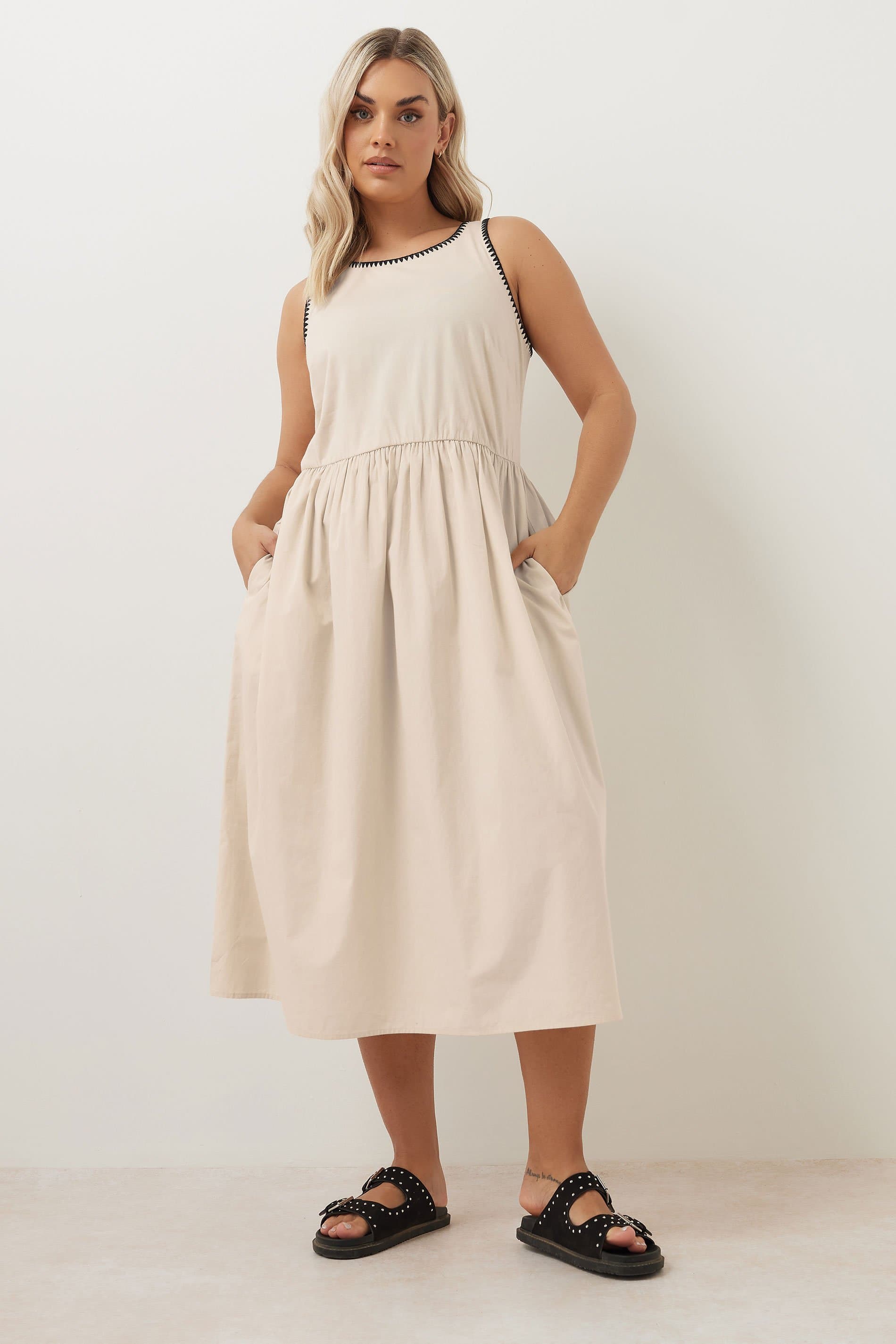 Yours Plus Size Natural Brown Contrast Blanket Stitch Midi Dress