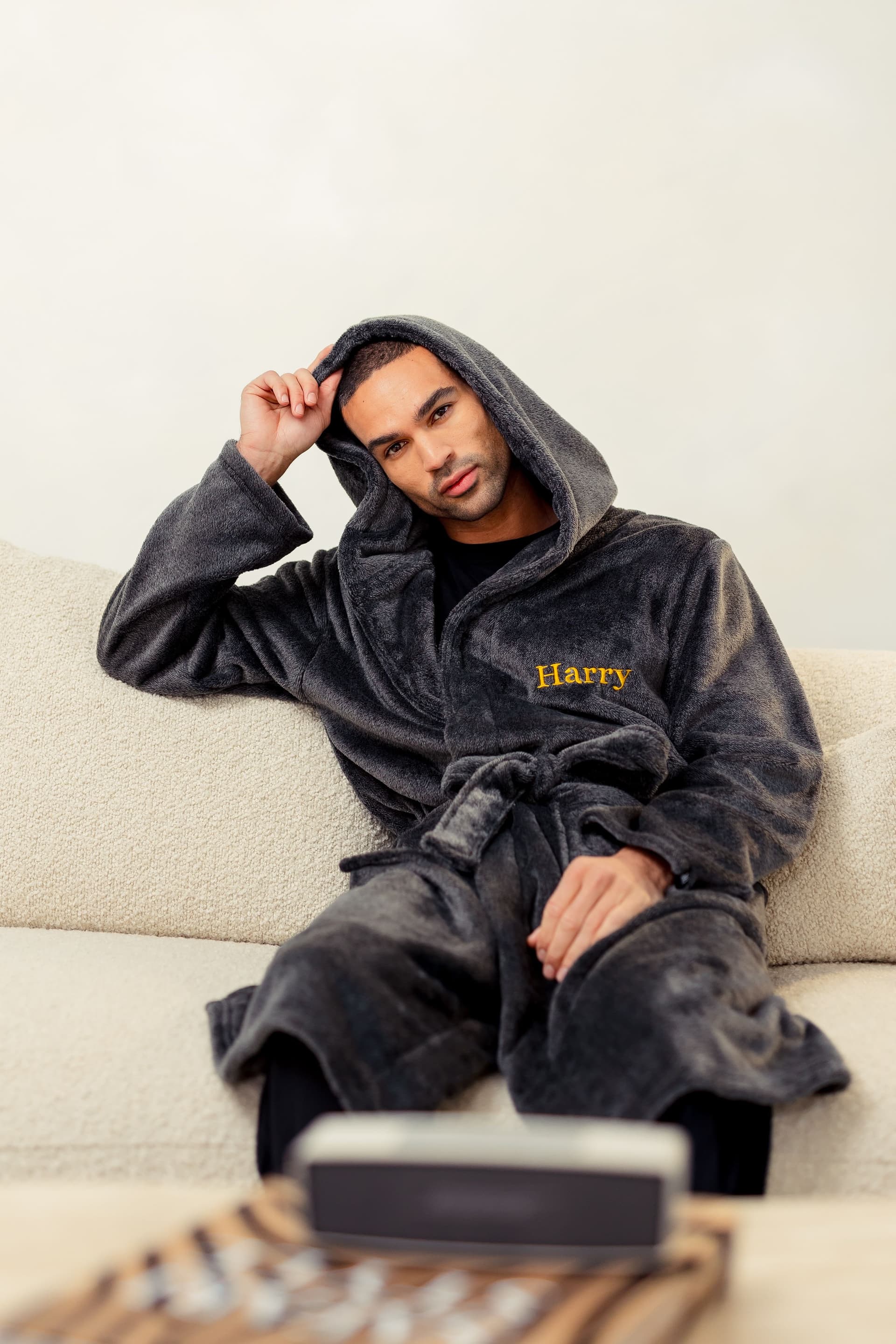 Lulabay Lulabay Men's Personalised Two Tone Dressing Gown in Charcoal