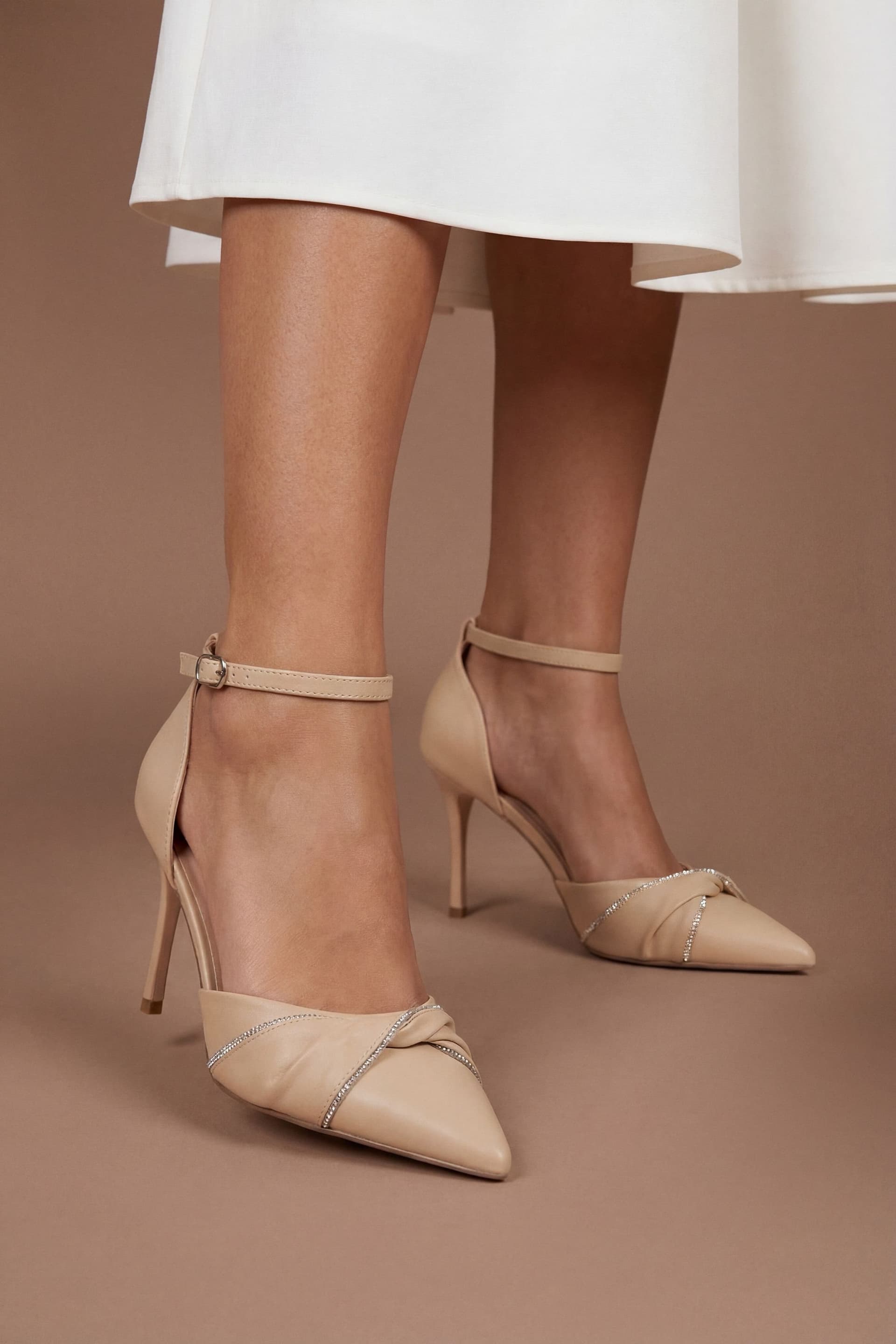 Coast Coast Women's Valaine Satin Diamante Twist Stiletto Heel Court Shoes in Taupe