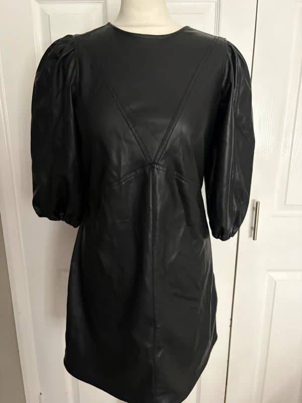 H&M H&M Black Faux Leather Knee Length Dress UK 10 Soft Puff Sleeve Round Neck