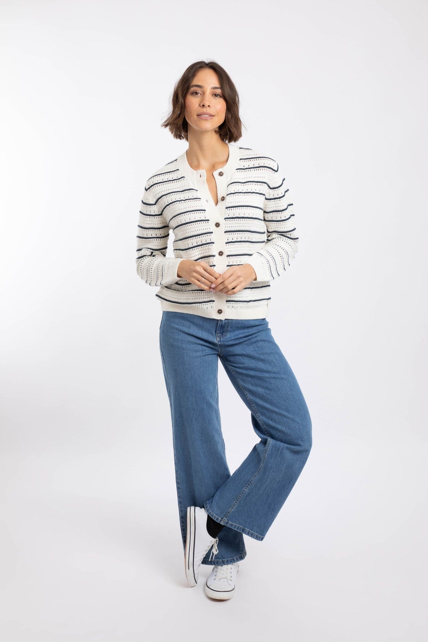 Weird Fish Weird Fish Women's Romilly Pointelle Striped Cardigan in Cream - 4