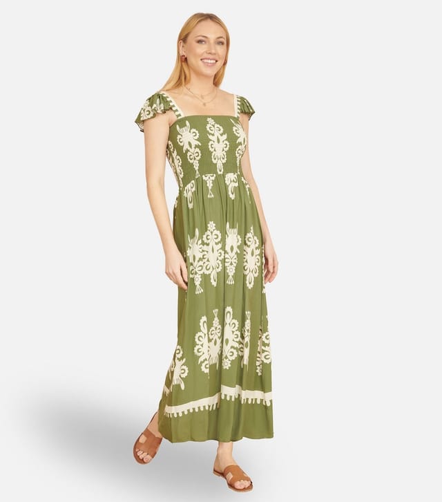 Yumi Women's Green Block Print Smocked Sun Dress Yumi New Look - 2