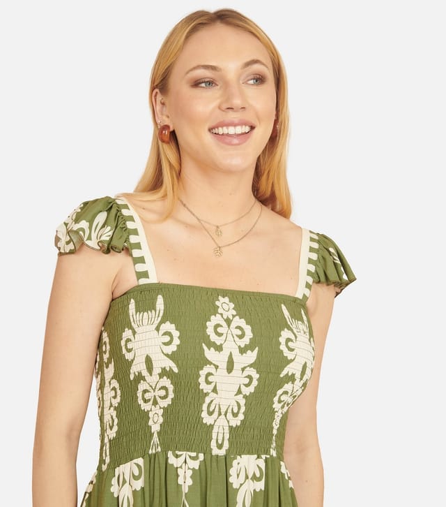 Yumi Women's Green Block Print Smocked Sun Dress Yumi New Look - 3