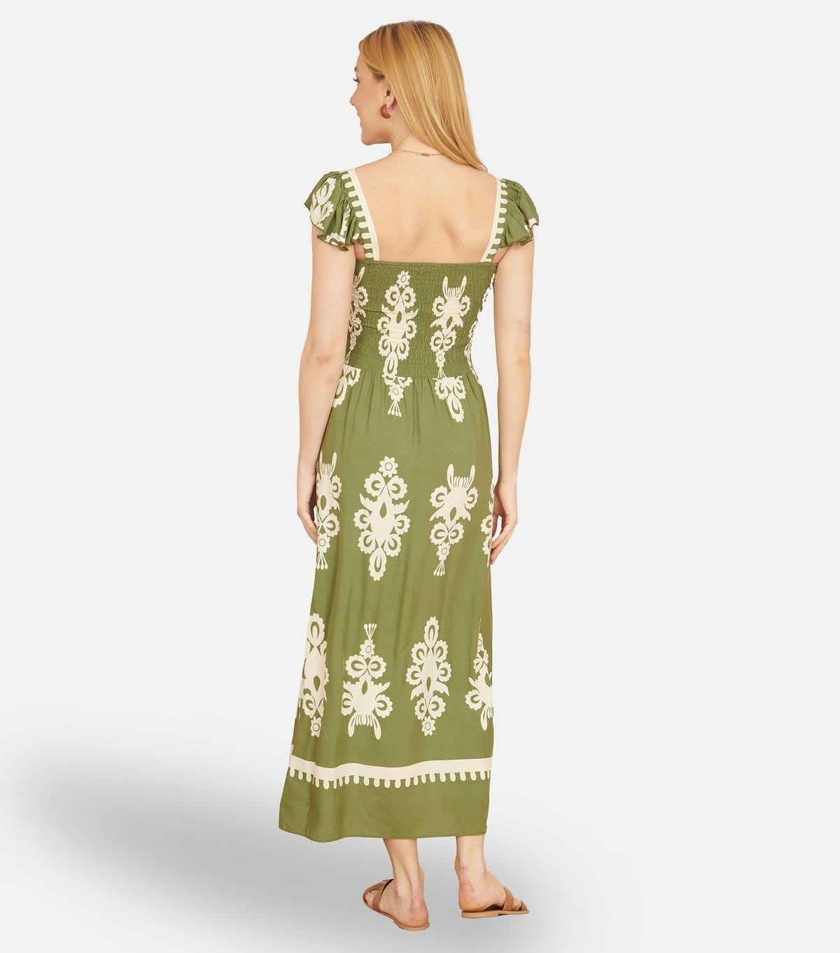 Yumi Women's Green Block Print Smocked Sun Dress Yumi New Look - 4