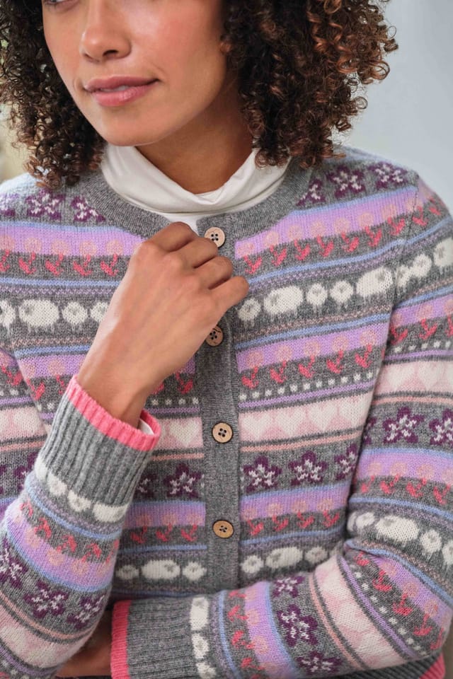 WoolOvers WoolOvers Women's Floral & Sheep Fairisle Cardigan in Dark Grey - 2