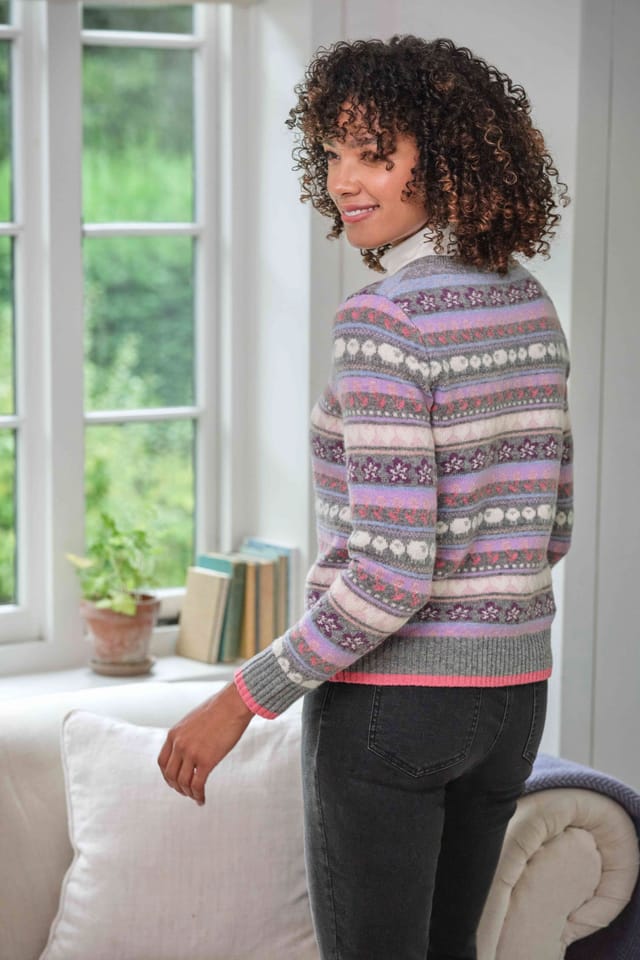 WoolOvers WoolOvers Women's Floral & Sheep Fairisle Cardigan in Dark Grey - 3