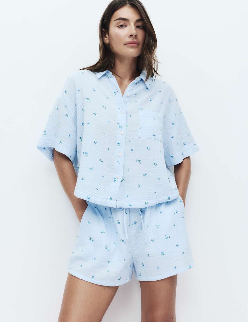 Marks & Spencer M&S Pure Cotton Muslin Printed Shortie Set Blue Mix