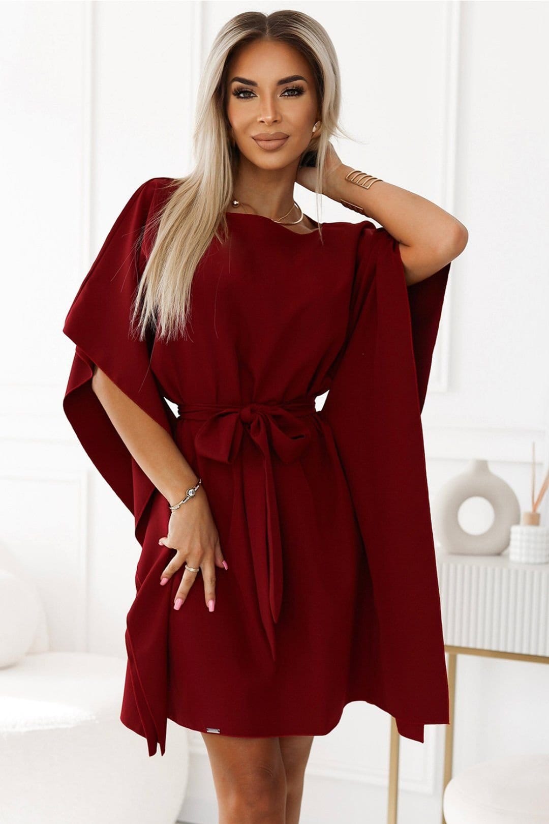 Love Lace Burgundy Butterfly Midi Dress with Waist Tie