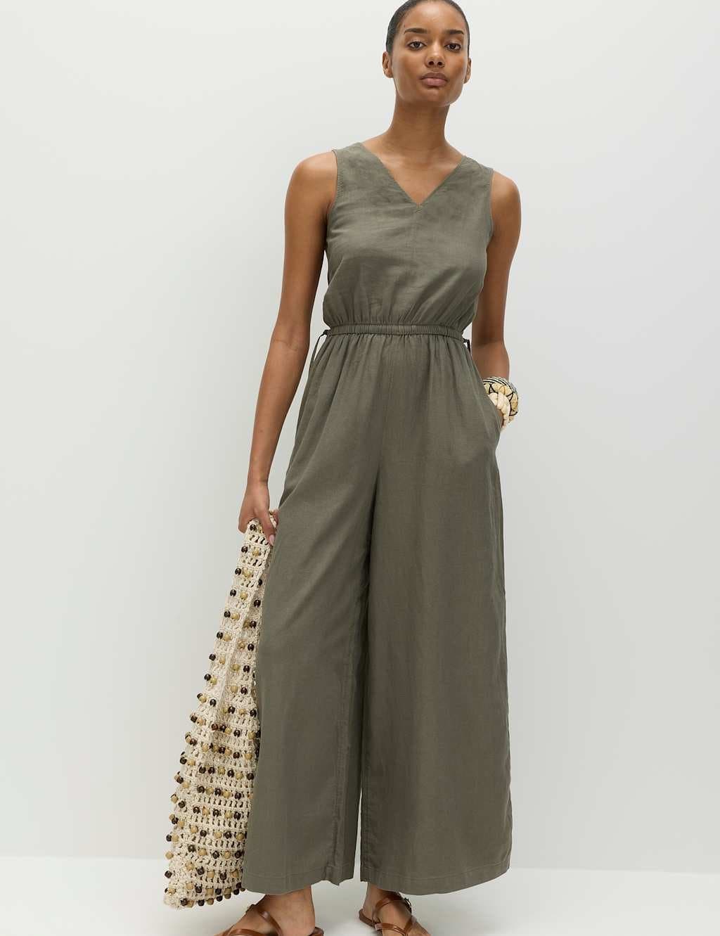 Marks & Spencer M&S Linen Rich Tie Detail Sleeveless Jumpsuit Dark Khaki