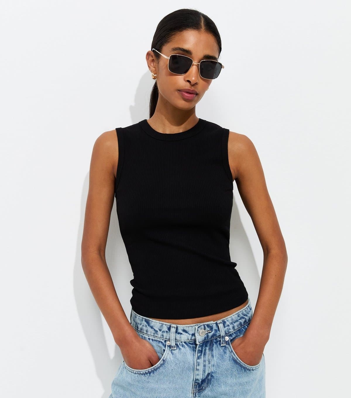 New Look Women's Black Cotton Rich Ribbed Tank Top New Look