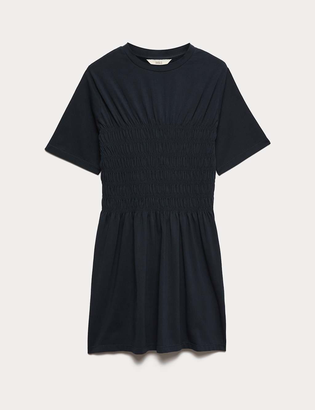 Marks & Spencer M&S Cotton Rich Shirred Mini T-Shirt Dress Midnight Navy