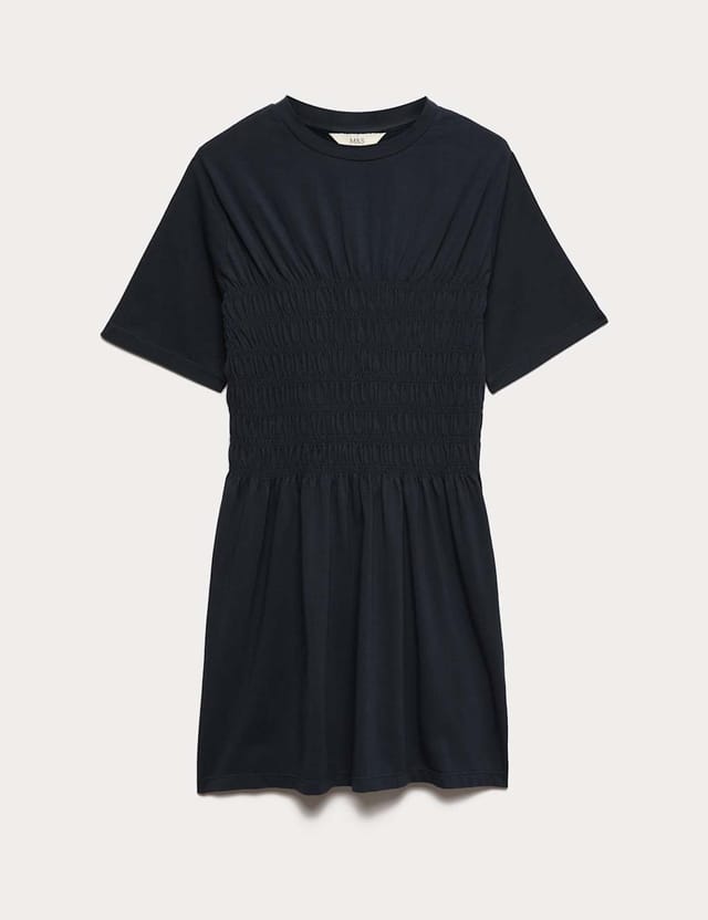 Marks & Spencer M&S Cotton Rich Shirred Mini T-Shirt Dress Midnight Navy - 2