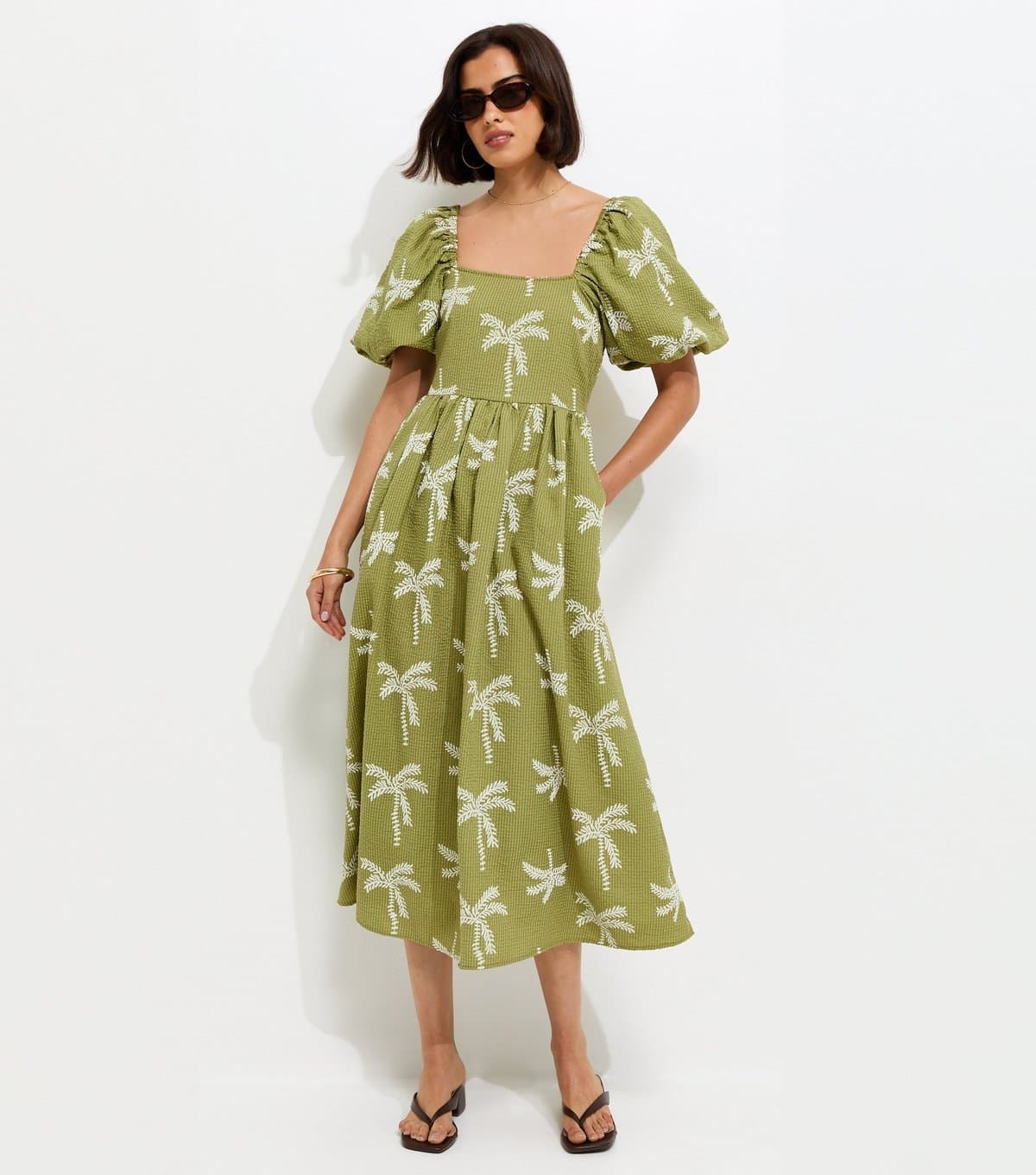 New Look Women's Green Embroidered Palm Tree Puff Sleeve Midi Dress New Look