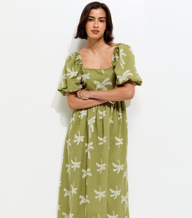 New Look Women's Green Embroidered Palm Tree Puff Sleeve Midi Dress New Look - 2