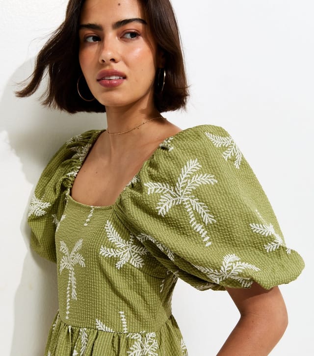 New Look Women's Green Embroidered Palm Tree Puff Sleeve Midi Dress New Look - 3