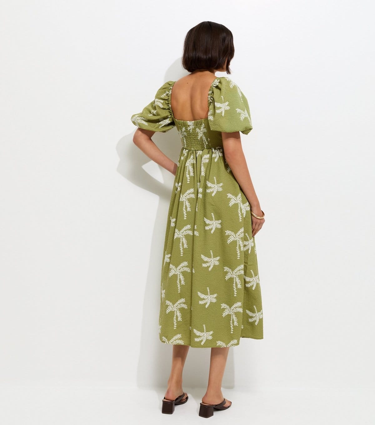 New Look Women's Green Embroidered Palm Tree Puff Sleeve Midi Dress New Look - 4