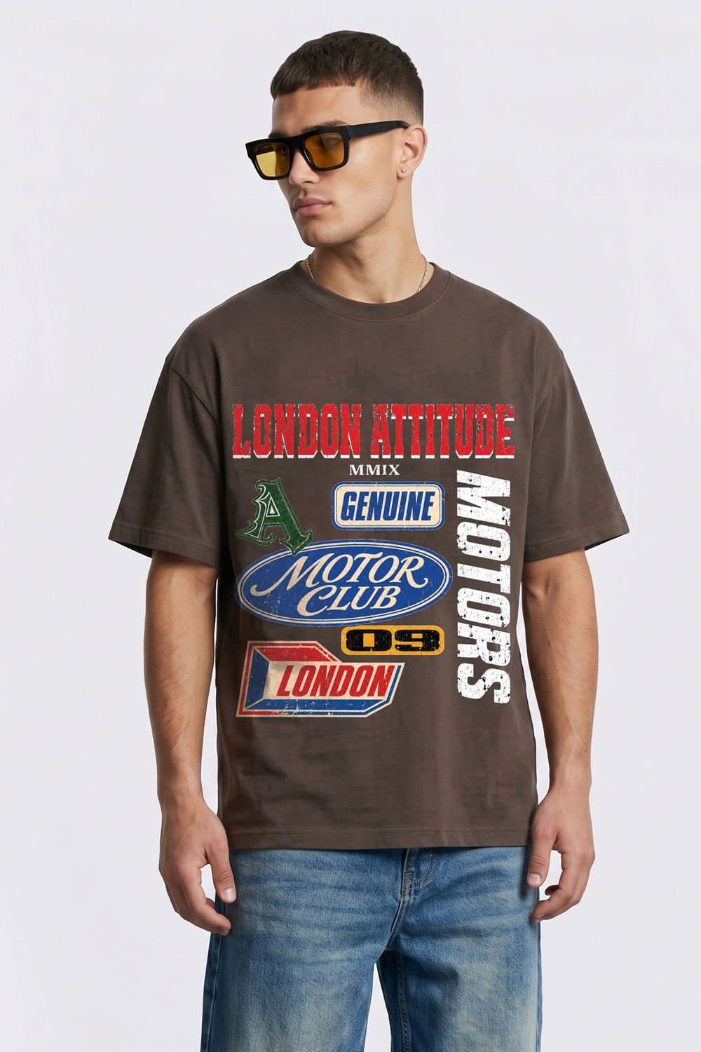 LONDON ATTITUDE LONDON ATTITUDE Men's Oversized Heavyweight Vintage Racing T-Shirt in Chocolate