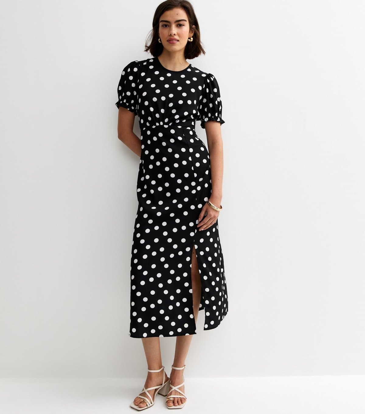 New Look Women's Black Crepe Polka Dot Short Sleeve Midi Dress New Look