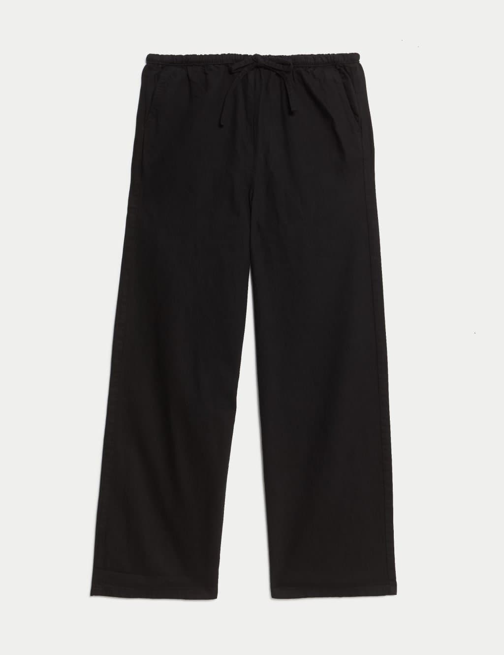 Marks & Spencer M&S Cotton Rich Drawstring Wide Leg Trousers Black
