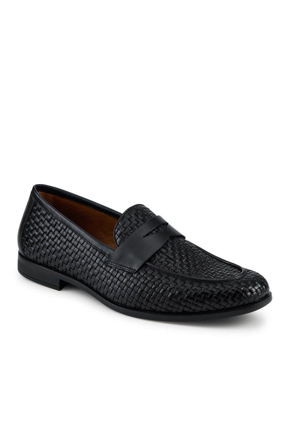 Jones Bootmaker Jones Bootmaker Men's Rogelio Smart Leather Woven Penny Loafers in Black