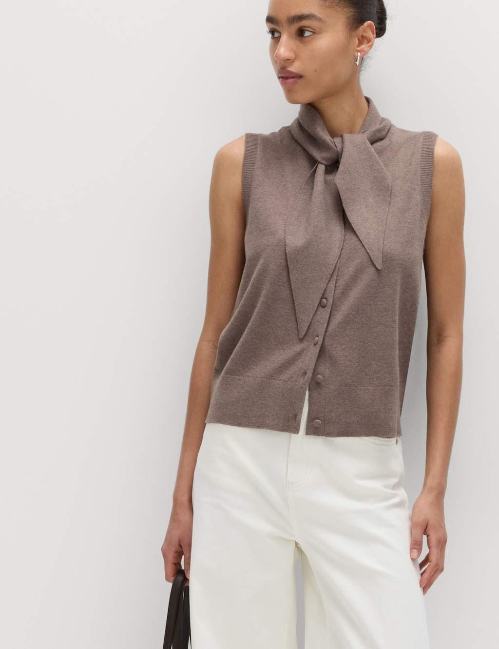 Marks & Spencer M&S Tie Neck Button Through Knitted Waistcoat Nutmeg