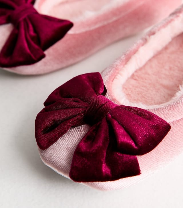 New Look Women's Light Pink Velvet Top Bow Ballet Slippers Vegan New Look - 3