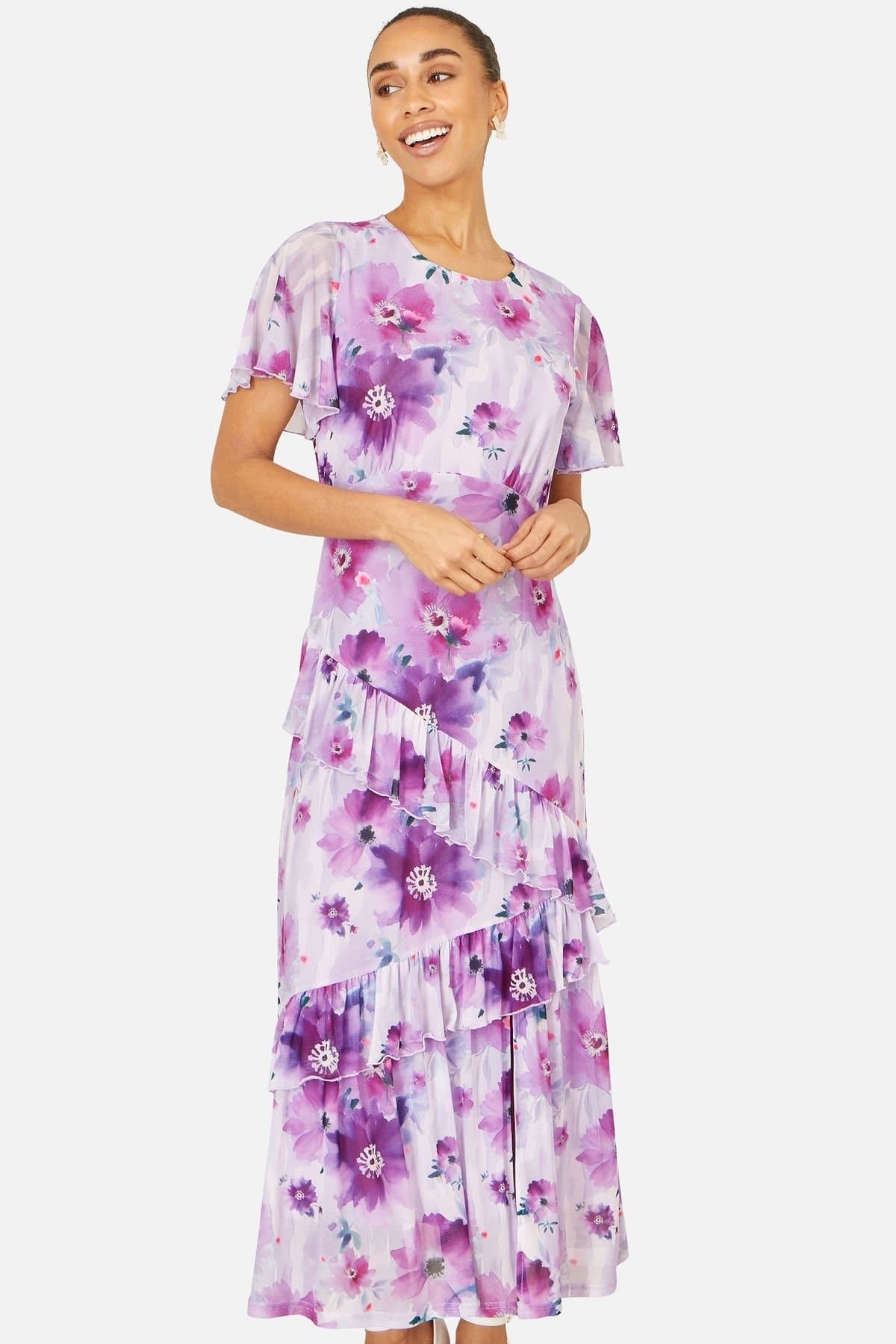 Yumi Yumi Women's Lavender Floral Print Frill Midi Dress in Lilac