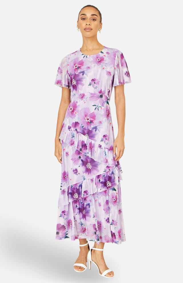 Yumi Yumi Women's Lavender Floral Print Frill Midi Dress in Lilac - 2