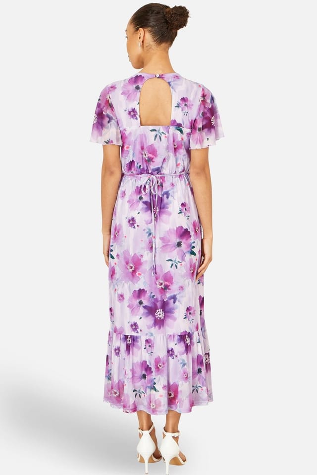 Yumi Yumi Women's Lavender Floral Print Frill Midi Dress in Lilac - 3