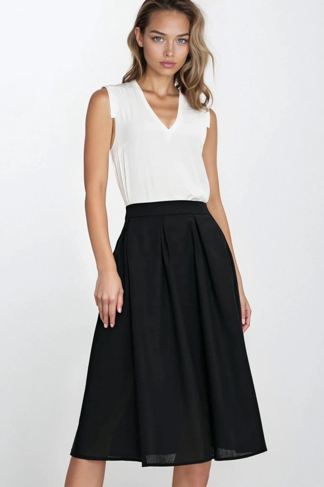 Love Lace Love Lace Black Linen Texture Rayon Midi Pleated Skirt