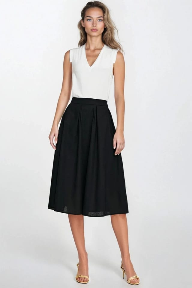 Love Lace Love Lace Women's Linen Texture Rayon Midi Pleated Skirt Pockets in Black - 2