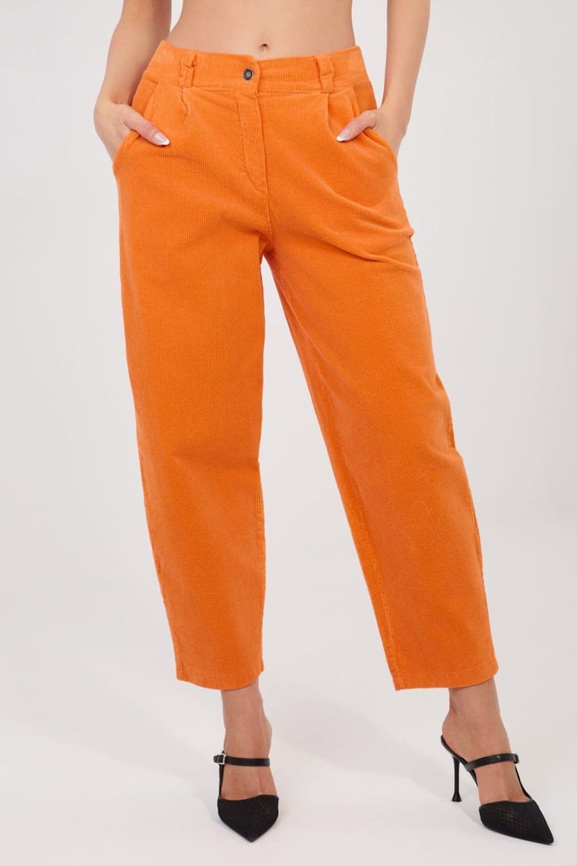 Love Lace Love Lace Women's Carrot Fit High Waist Corduroy Trousers in Orange - 1