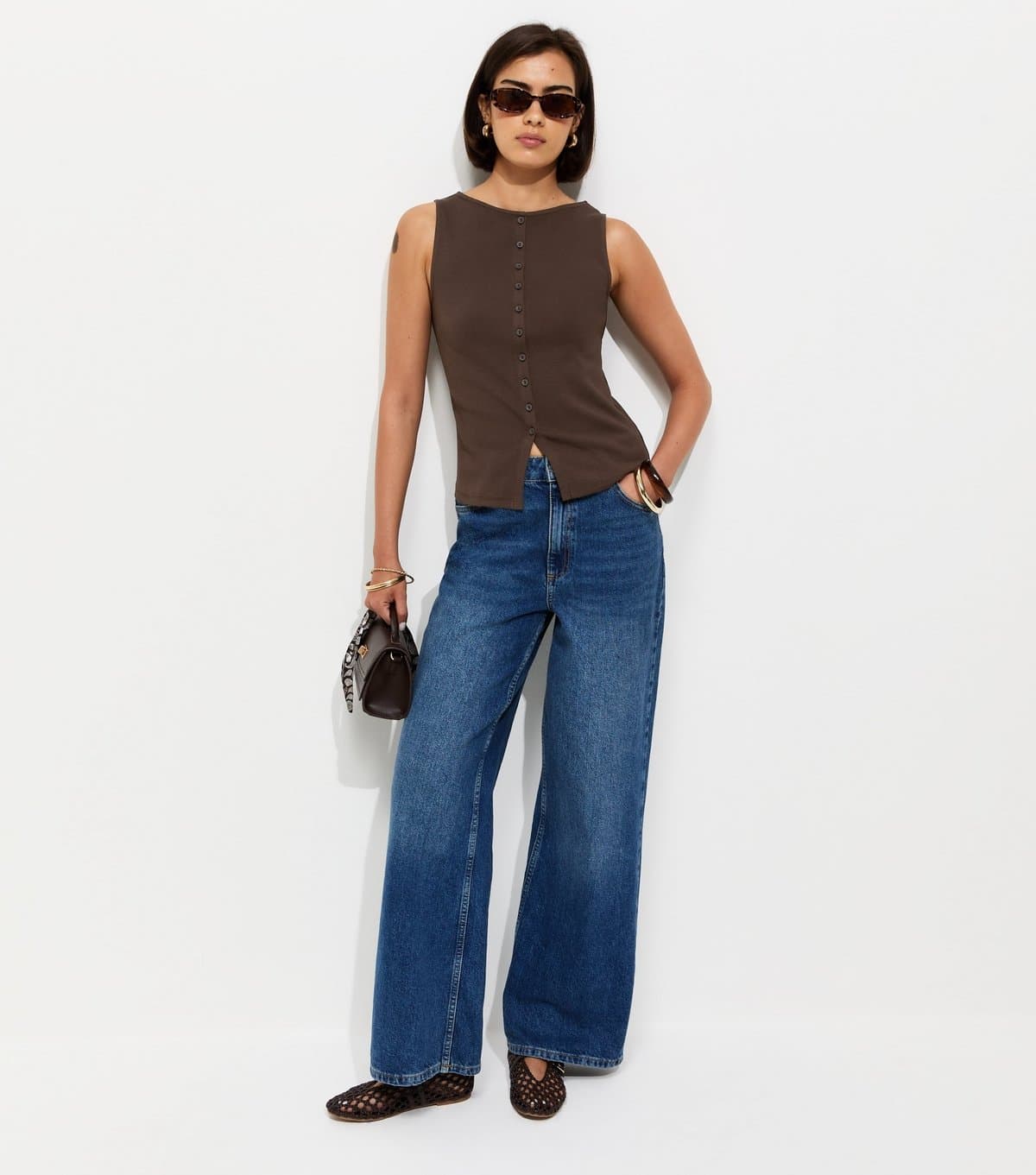 New Look Women's Dark Brown Cotton Rich Button Through Tank Top New Look