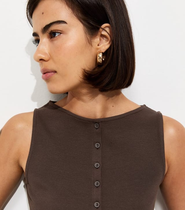 New Look Women's Dark Brown Cotton Rich Button Through Tank Top New Look - 2
