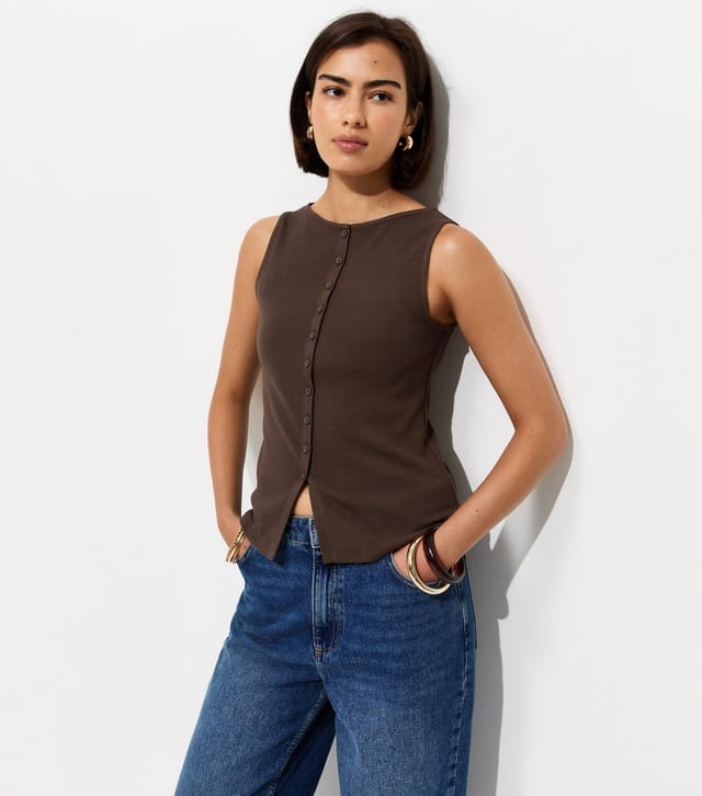 New Look Women's Dark Brown Cotton Rich Button Through Tank Top New Look - 3
