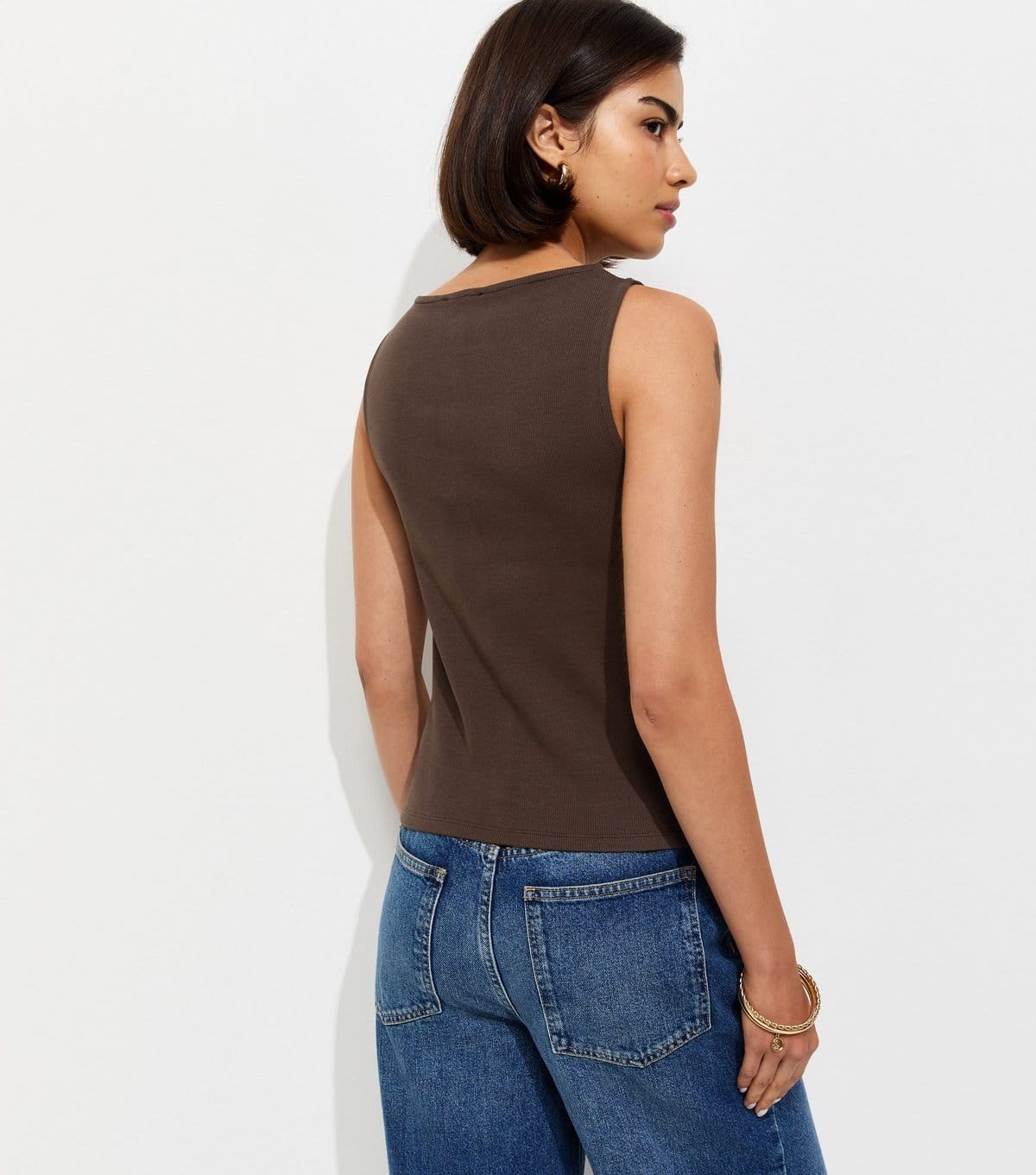 New Look Women's Dark Brown Cotton Rich Button Through Tank Top New Look - 4