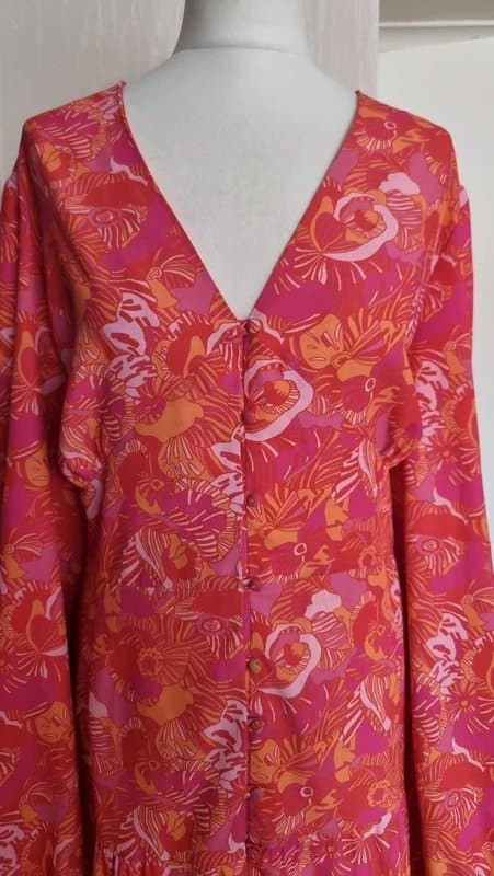 Never Fully Dressed Never Fully Dressed UK22 Red Orange Floral Abstract Print Maxi Dress Sleeves