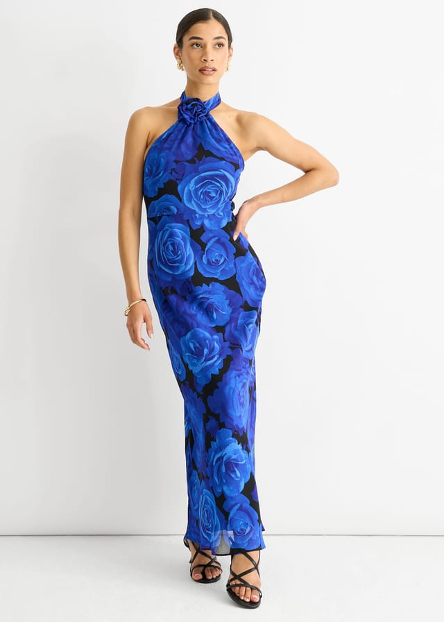 Gini London Gini London Women's Blue Floral Occasion Halter Maxi Dress - 2