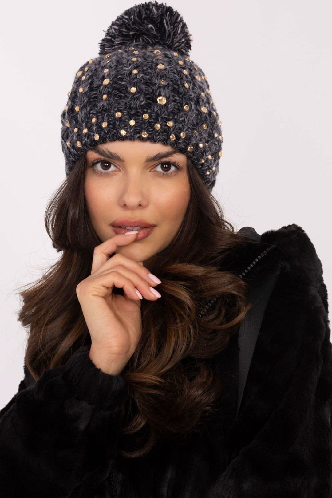 Love Lace Love Lace Dark Grey Zircon Beanie with Pom Pom