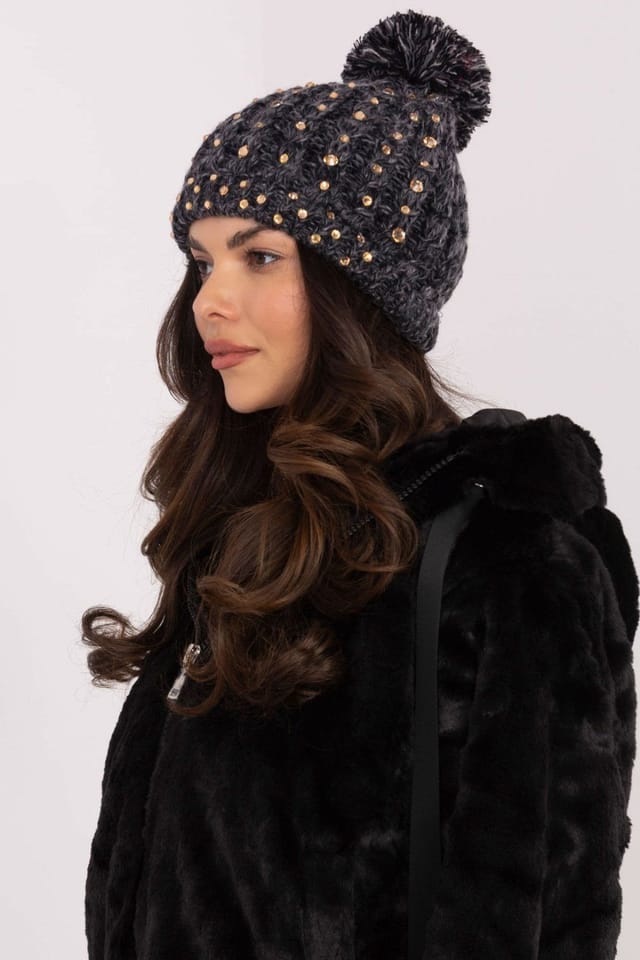 Love Lace Love Lace Women's Elegant Beanie with Zircon Embellishments & Fluffy Pom Pom in Dark Grey - 2