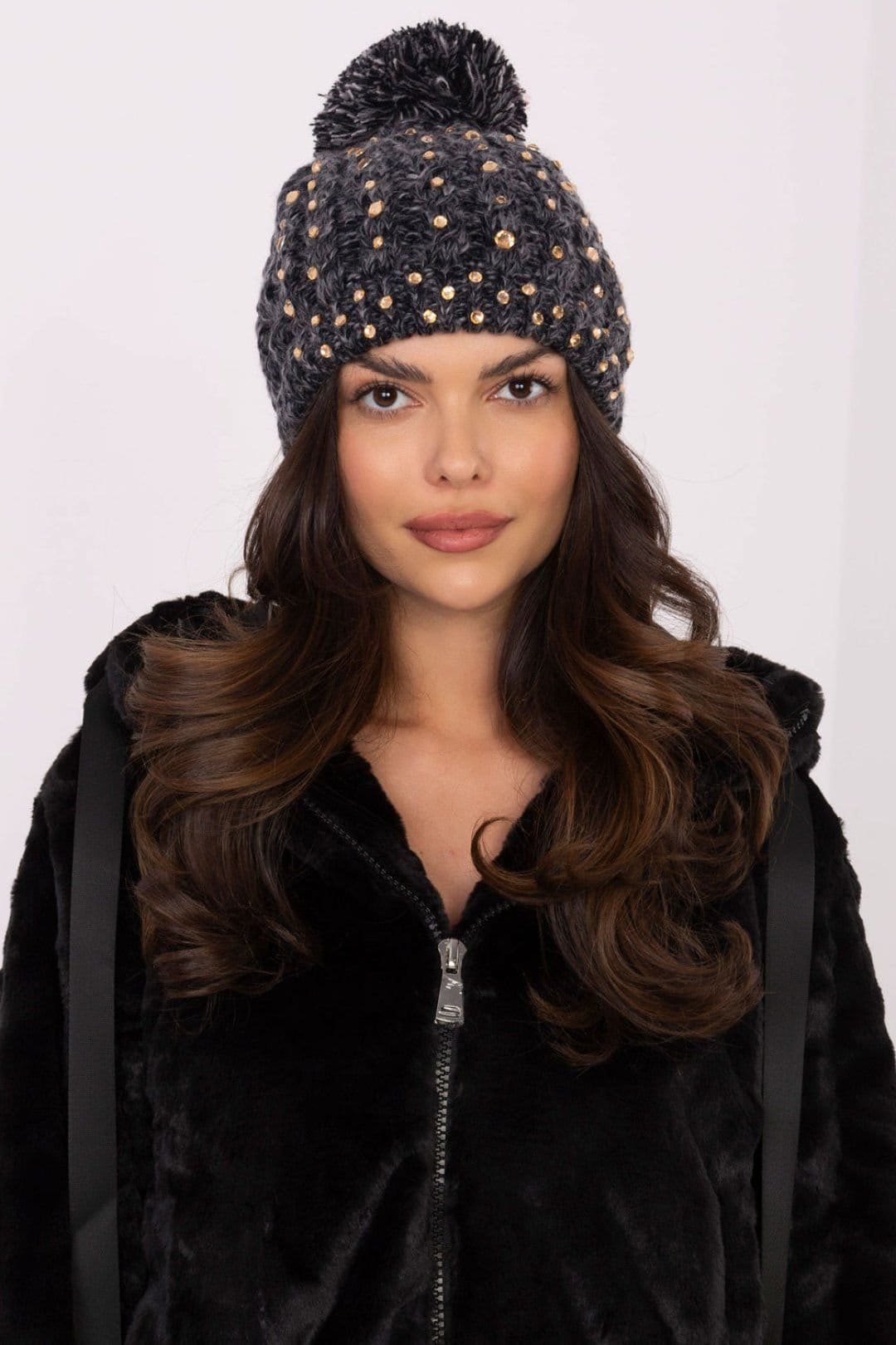 Love Lace Love Lace Women's Elegant Beanie with Zircon Embellishments & Fluffy Pom Pom in Dark Grey - 4