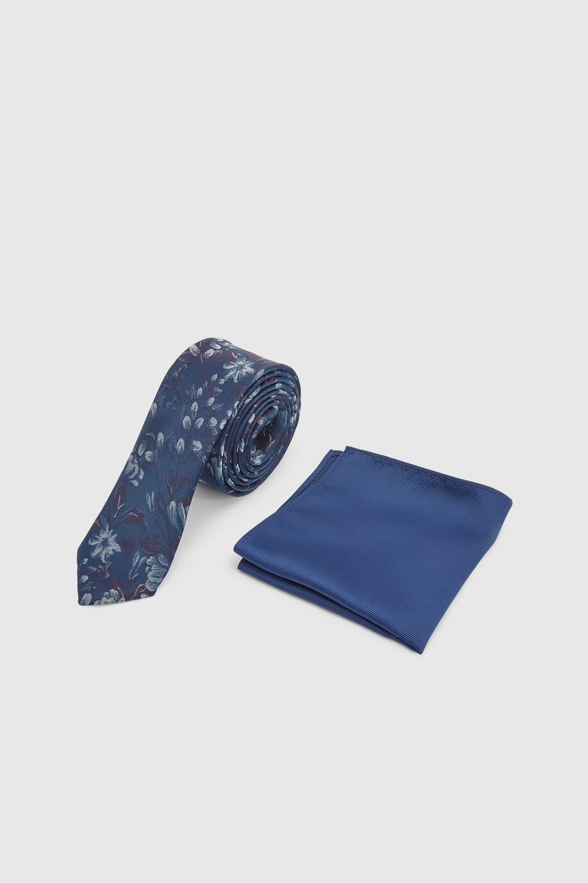 Burton Burton Men's Navy Multi Floral Tie & Plain Pocket Square