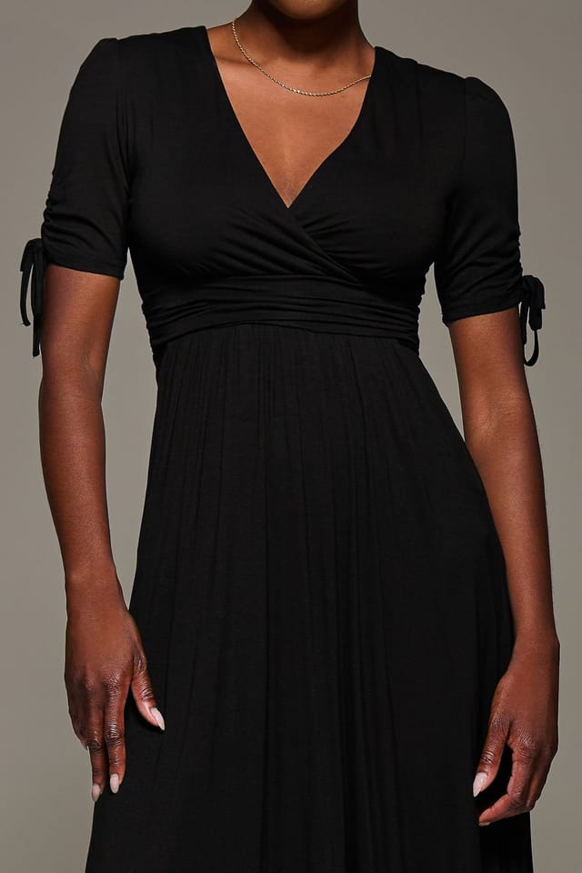 Jolie Moi Jolie Moi Women's Jersey Tie Sleeve Wrap Front Midi Dress in Black - 3