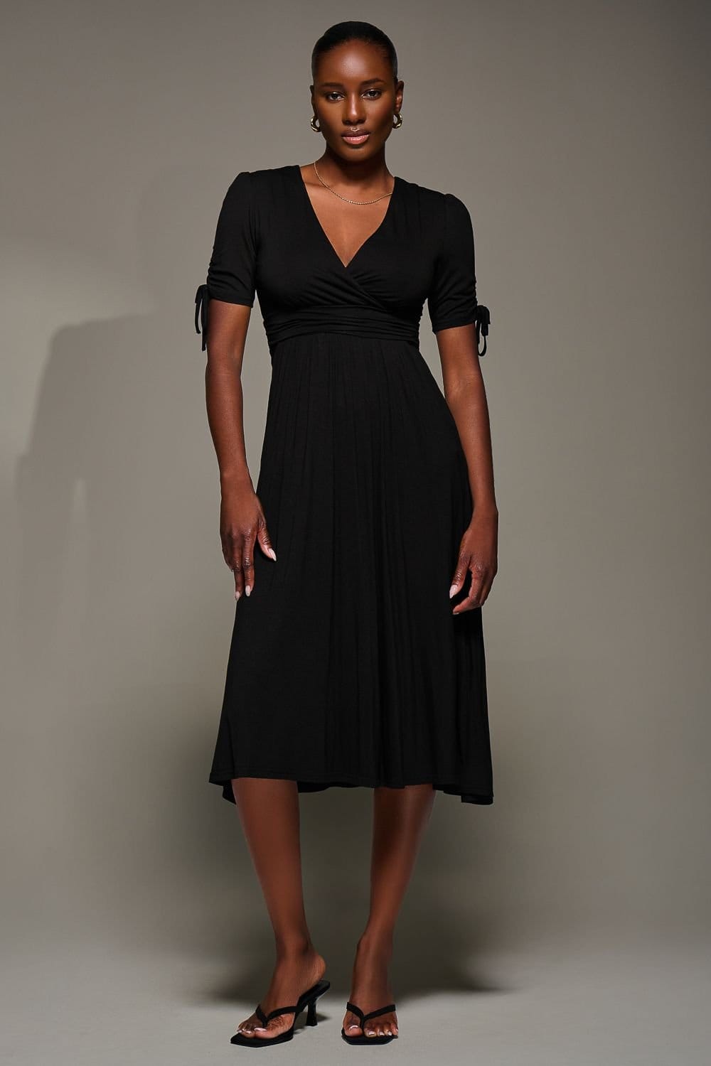 Jolie Moi Jolie Moi Women's Jersey Tie Sleeve Wrap Front Midi Dress in Black - 4