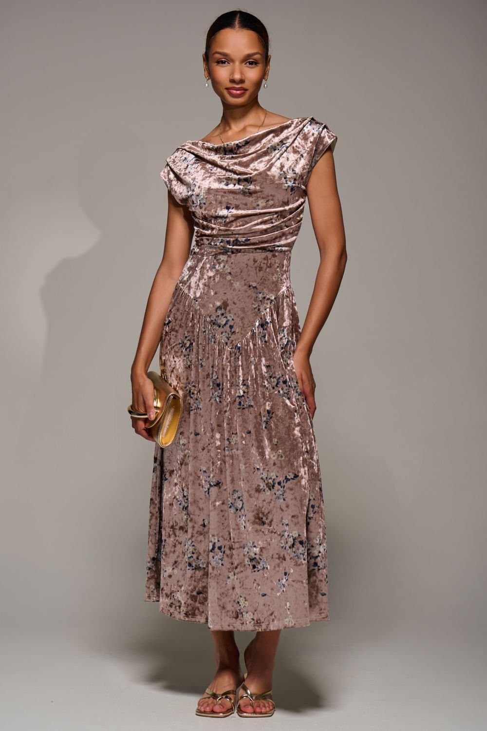 Jolie Moi Jolie Moi Women's Cowl Neckline Draped Velvet Midaxi Dress in Natural