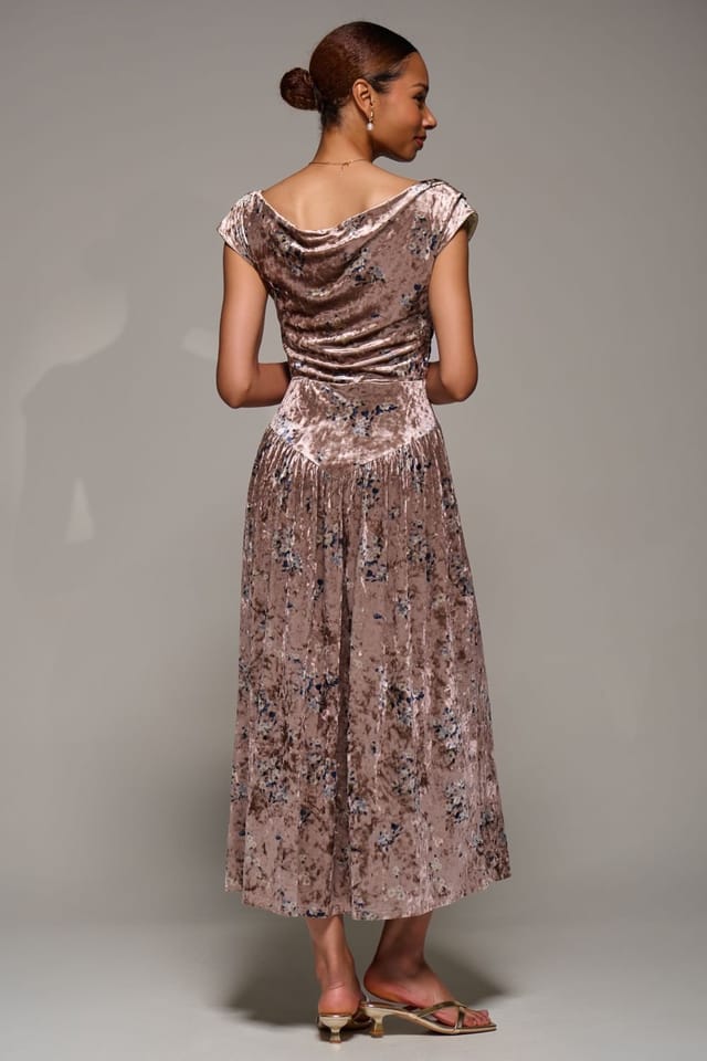 Jolie Moi Jolie Moi Women's Cowl Neckline Draped Velvet Midaxi Dress in Natural - 2